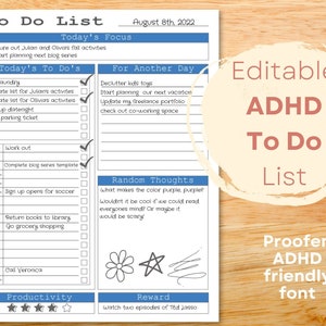 ADHD To Do List editable, ADHD Daily Planner, ADHD checklist, Daily schedule, brain dump, organizer, custom to do list, pdf, printable