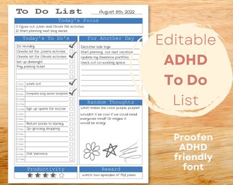 ADHD To Do List editable, ADHD Daily Planner, ADHD checklist, Daily schedule, brain dump, organizer, custom to do list, pdf, printable