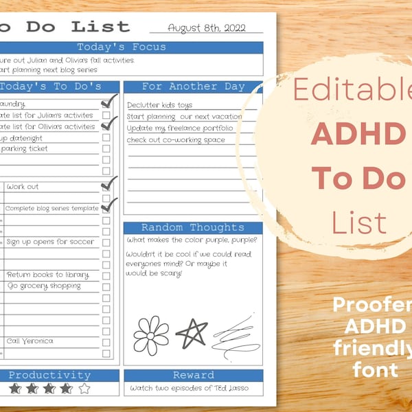 adhd homework checklist ADHD To Do List editable, ADHD Daily Planner, ADHD checklist, Daily schedule, brain dump, organizer, custom to do list, pdf, printable