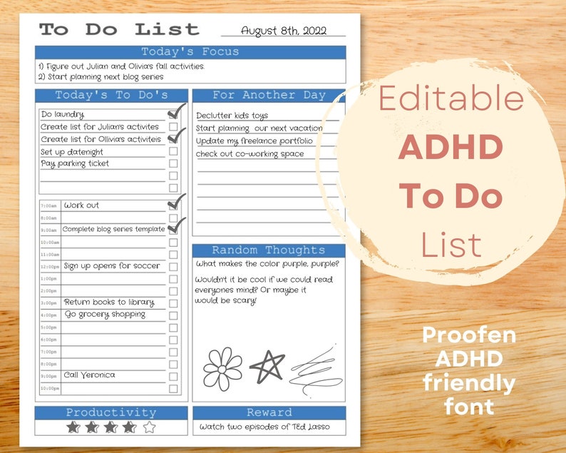 ADHD to Do List Editable ADHD Daily Planner ADHD Checklist Etsy