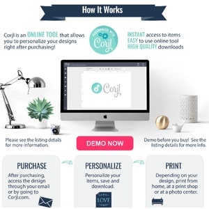 May include: How to personalize your designs using Corjl, an online tool.  The image shows a computer screen with the Corjl logo, a purchase button, a personalize button, and a print button.  The text on the screen says "Personalize with Corjl".