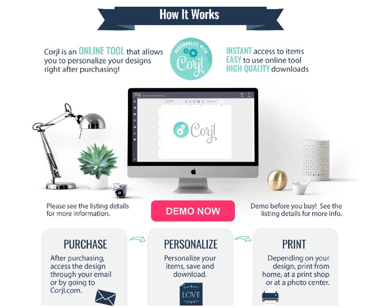 May include: How to personalize your designs using Corjl, an online tool.  The image shows a computer screen with the Corjl logo, a purchase button, a personalize button, and a print button.  The text on the screen says "Personalize with Corjl".