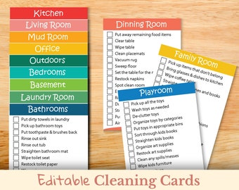 May include: A set of colorful cleaning checklist cards with checkboxes for different rooms of the house, including the kitchen, living room, mud room, office, outdoors, bedrooms, basement, laundry room, bathrooms, dining room, family room, and playroom. The cards are labeled with the room name and have a list of cleaning tasks to complete.