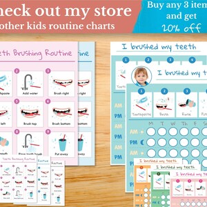 May include: A printable set of two blue and pink charts for kids to track their teeth brushing routine. The charts include a visual guide with images of each step, a daily checklist, and a weekly tracker. The text on the charts reads "I brushed my teeth" and "Teeth Brushing Routine".