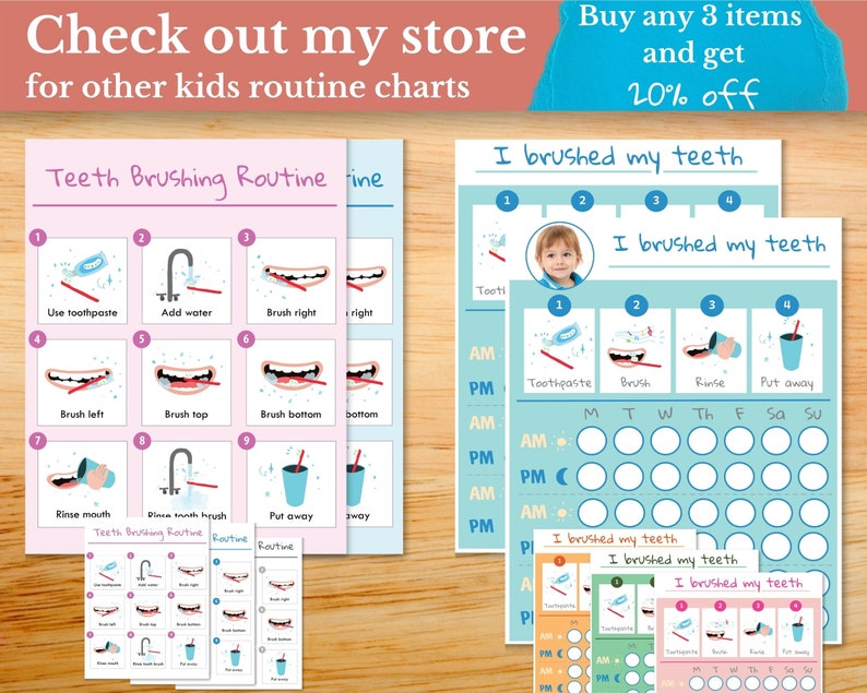 May include: A printable set of two blue and pink charts for kids to track their teeth brushing routine. The charts include a visual guide with images of each step, a daily checklist, and a weekly tracker. The text on the charts reads "I brushed my teeth" and "Teeth Brushing Routine".