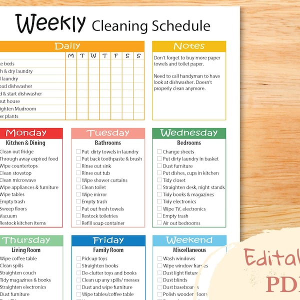 Easy weekly cleaning schedule editable for families, Daily and weekly cleaning task pdf for kids, Cleaning tracker, Checklist printable