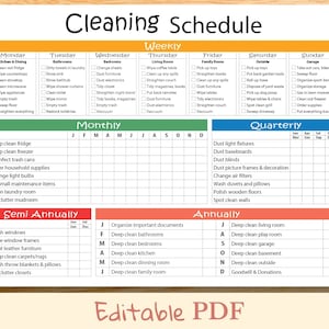 Leuk schoonmaakschema bewerkbaar afdrukbaar voor gezinnen - wekelijkse, maandelijkse, jaarlijkse checklist voor kinderen - schoonmaaktracker, schoonmaakplanner