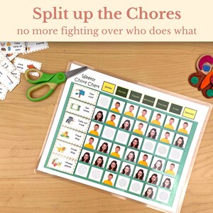 May include: A green and white chore chart with a weekly schedule. The chart has a list of chores, including "Get mail", "Set table", "Take out trash", "Feed dog", "Walk dog", and "Water plants". Each chore has a space for a photo of a person to be placed next to it.
