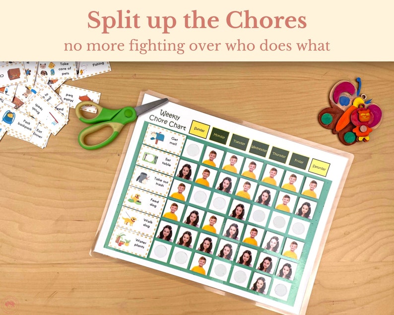 May include: A green and white chore chart with a weekly schedule. The chart has a list of chores, including "Get mail", "Set table", "Take out trash", "Feed dog", "Walk dog", and "Water plants". Each chore has a space for a photo of a person to be placed next to it.