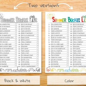 May include: Black and white and color versions of a summer bucket list printable. The list includes activities like going to the beach, camping, visiting a museum, and going stargazing.