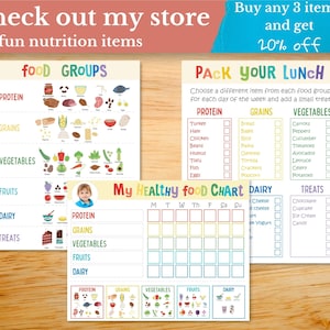 May include: A printable chart for kids to help them pack a healthy lunch. The chart includes food groups like protein, grains, vegetables, fruits, dairy, and treats. The chart also includes a weekly food chart to track healthy eating habits.