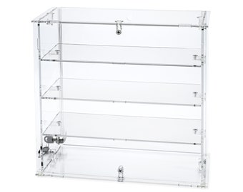 Clear Choice Acrylic Display Case with Shelves and locking door, available with 1, 2 or 3 shelves, ships flat, easy to assemble.