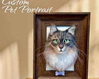 May include: A framed custom pet portrait of a grey and white cat with green eyes. The artwork is displayed in a dark wooden frame, with the text "Custom Pet Portrait" in the upper left corner.