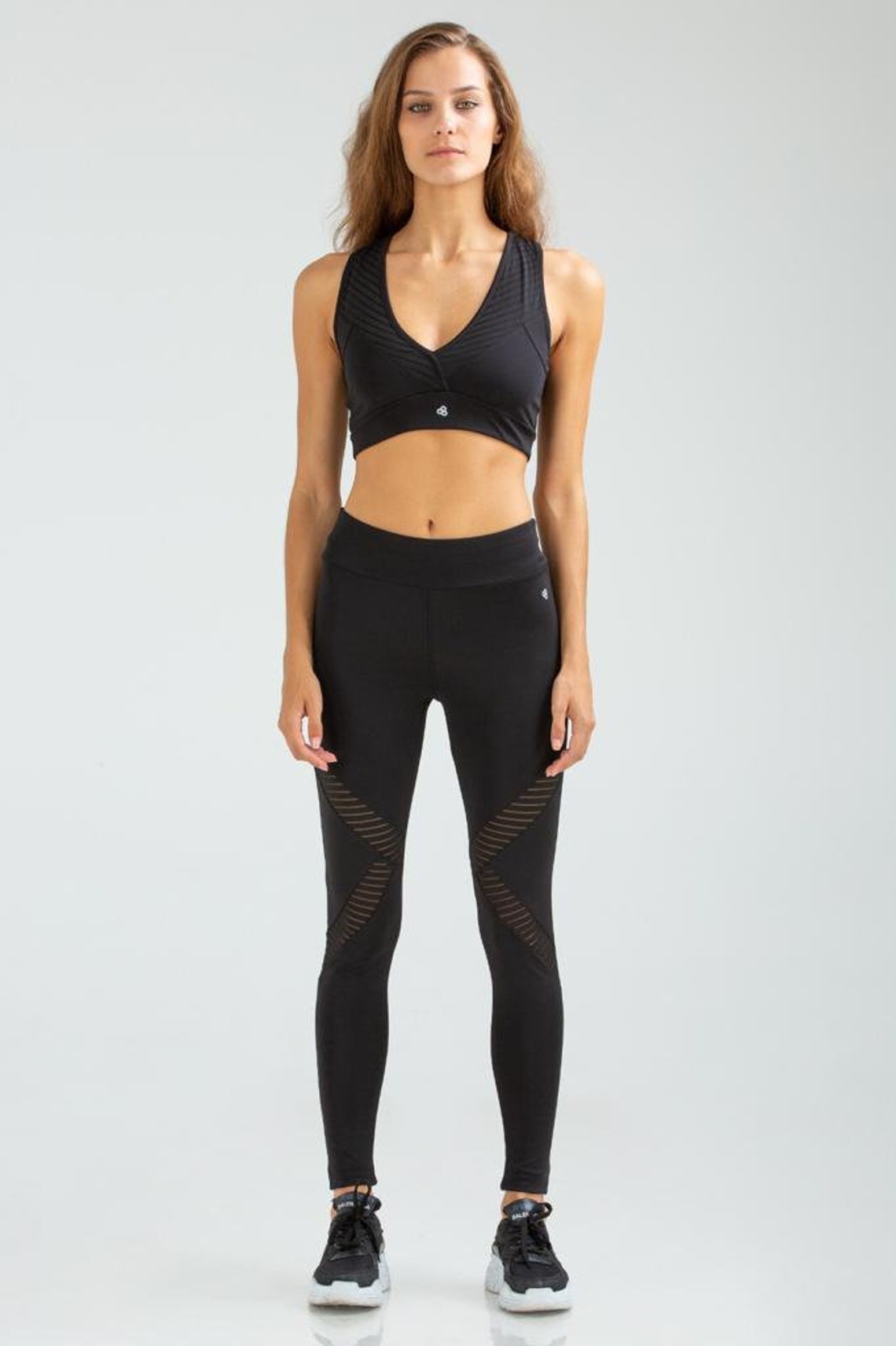 High Waisted Black Leggings And Sports Bra Set With Mesh Etsy