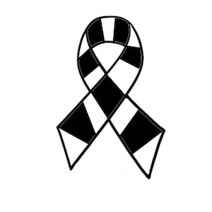 May include: A black and white checkered ribbon design, rendered in a simple, graphic style. The ribbon is a symbol, likely representing awareness or support for a cause. The design is clean and minimalist, with a focus on the contrasting black and white pattern.