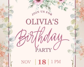 Invitación de cumpleaños floral elegante / Invitación a fiesta de flores rosas / Invitación de cumpleaños imprimible / Plantilla editable de Canva