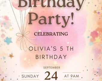 Plantilla de invitación de cumpleaños rosa / Invitación de cumpleaños para niña / Invitación de cumpleaños imprimible / Descarga instantánea