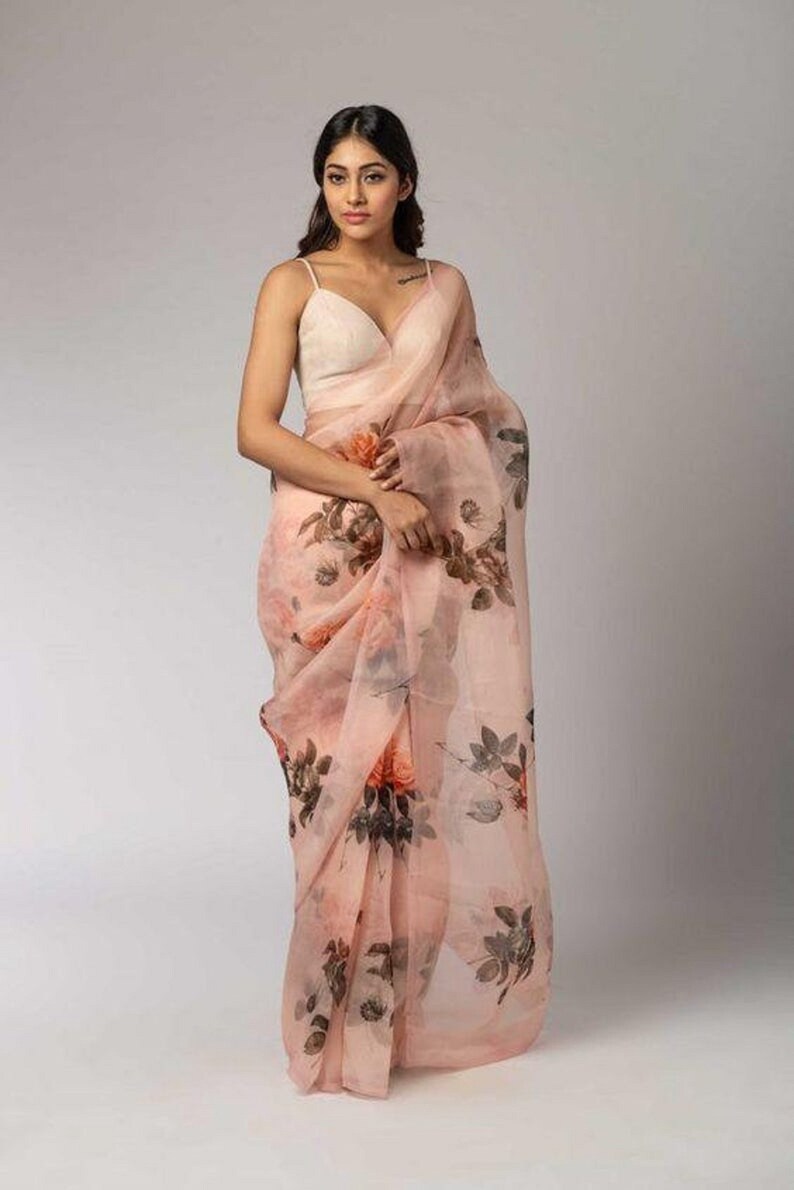 Multi Color Bollywood Style Designer Organza Silk Saree Party Wear Digital Printed Organza Silk Saree Exclusive Sari