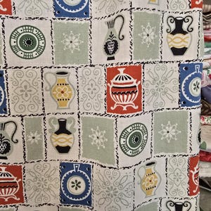 Mid-century pottery print fabric – retro vases & dishes in red, green, blue