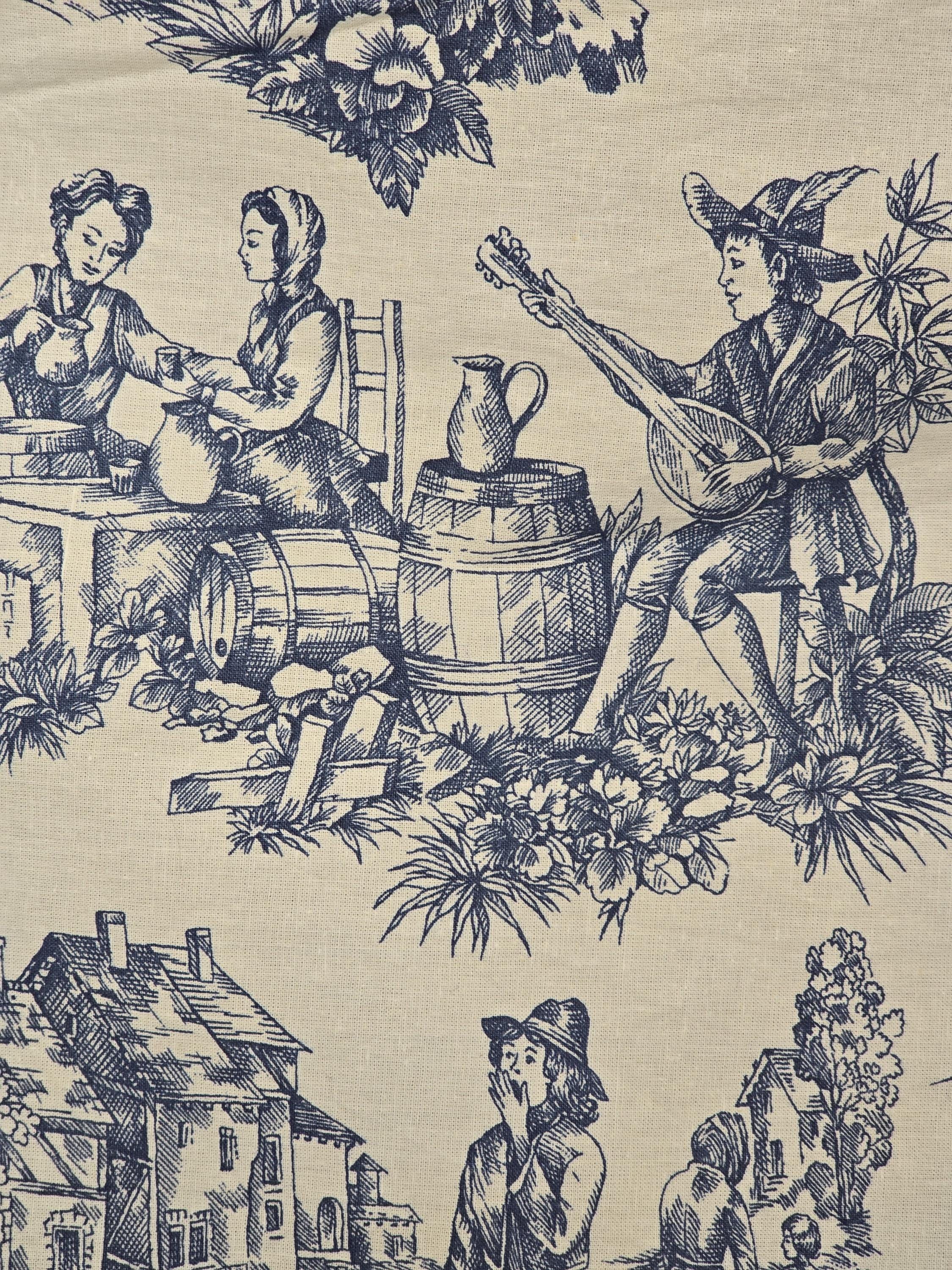Toile De Jouy Coton Imprimée Bleu – Vente Au Demi-mètre, Motif Pastorale Champêtre
