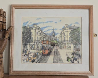 Lámina vintage del tranvía de Nelson Street en Greenwich, firmada. Arte de pared de mediados de siglo.