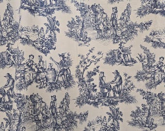 Tela toile de jouy azul vintage, escenas pastorales y chinas