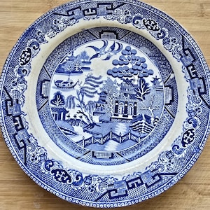 19th century blue willow plate, antique transferware