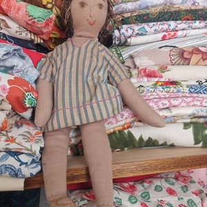Vintage Primitive Handmade Cloth Doll, Striped Dress and Hand-Stitched Details