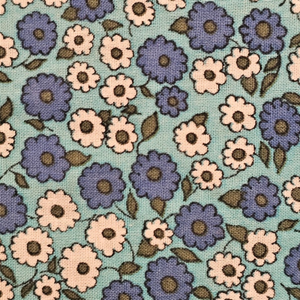 Vintage Floral Fabric, 2 Pieces,  1960s Florals, Blue Background,  Small Florals,  Discontinued Fabric