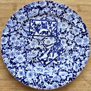 Antique blue transferware plate, floral chinoiserie design