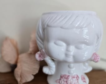 Jarrón maceta de cerámica vintage con cabeza de niña
