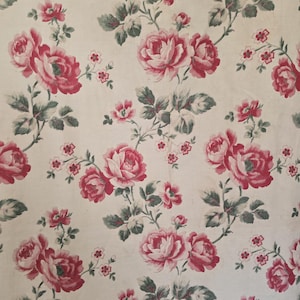 Antique french cretonne, floral fabric, red roses