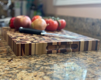 Handmade End Grain Cutting Board: Walnut, Mahogany, Bamboo, Oak, and Poplar