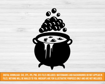 魔女の大釜 SVG デジタル ダウンロード、ハロウィーンの魔女の呪文のカット ファイル、svg jpg png dxf eps ファイル、ハロウィーンのデザイン svg、泡立つ大釜