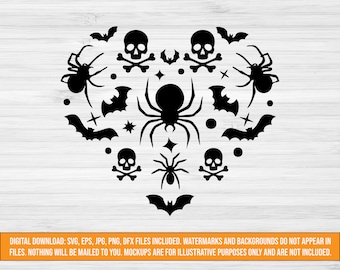 ハロウィン スパイダー SVG、ハロウィン ラブ カット ファイル、svg、jpg、png、dxf、eps、ハロウィン デザイン svg、頭蓋骨とコウモリ svg
