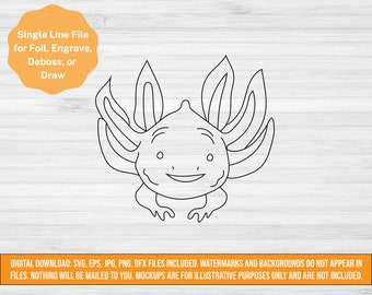 May include: Single line drawing of an axolotl, a type of salamander, with a smiling face and feathery gills. This digital file is for use with foil, engraving, debossing, or drawing.