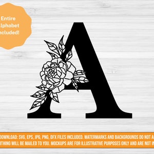 A-Z アルファベット SVG、花柄モノグラム SVG、花柄文字 SVG、SVG PNG EPS DXF JPG デジタル ダウンロード、牡丹モノグラム カット ファイル
