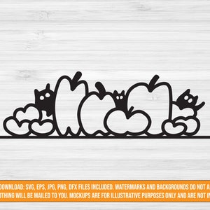 Pode incluir: Ilustração de arte de linha preta e branca de abóboras com gatos espiando por trás. As abóboras estão empilhadas umas sobre as outras e os gatos estão olhando para o espectador.