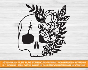 頭蓋骨と花の SVG デジタル ダウンロード、頭蓋骨と花のカット ファイル、svg jpg png dxf eps ファイル、魔女の svg、タトゥー スタイルの svg、ハロウィーンの svg