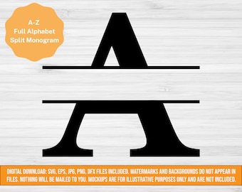 Monograma A-Z SVG, Monograma dividido SVG, Alfabeto SVG, archivos png eps dxf jpg, letras de monograma svg, archivos de corte de alfabeto