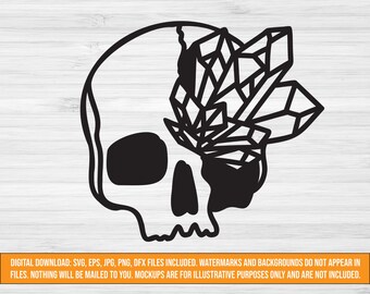 頭蓋骨とクリスタルの SVG デジタル ダウンロード、頭蓋骨とクリスタルのカット ファイル、SVG jpg png dxf eps ファイル、魔女の SVG、タトゥー スタイルの SVG、ハロウィーンの SVG
