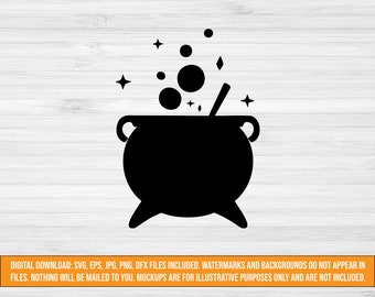 シンプルな魔女の大釜 SVG、ハロウィーンの魔女の呪文のカット ファイル、svg jpg png dxf eps ファイル、ハロウィーンのデザイン svg、泡立つ大釜