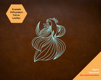 May include: A light blue line art illustration of a goldfish on a brown leather background. The image includes text that says "Example SVG project: Foil on Leather." and "Digital Download Not a physical product."