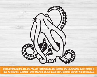 頭蓋骨とタコのゴス SVG、頭蓋骨とタコのカット ファイル、svg jpg png dxf eps ファイル、魔女の svg、タトゥー スタイルの svg、クラーケンの svg、ハロウィーンの svg