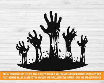 ゾンビ ライジング SVG、ゾンビ ハンズ SVG、ハロウィーン SVG、不気味なデジタル カット ファイル、アンデッド クリップアート、dxf、eps、jpg、png