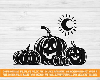 夜のカボチャ SVG、夜のカボチャ畑 SVG、かわいいハロウィーン SVG、秋の SVG、カボチャのカット ファイル、SVG、DXF、EPS、JPG、PNG ファイル