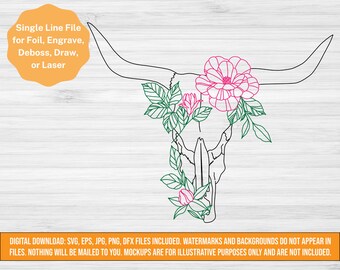 May include: Single line file design of a bull skull with pink and white flowers and green leaves. The design is suitable for foil, engrave, deboss, draw, or laser.