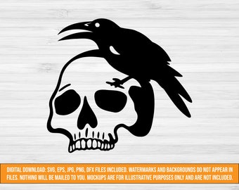 カラスと頭蓋骨の SVG、ゴシック SVG、ハロウィーンのカラスカット ファイル、SVG、JPG、PNG、DXF、EPS、魔女のクリップアート