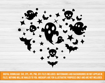 ハロウィーンの幽霊 SVG、ハロウィーンの愛のカット ファイル、svg、jpg、png、dxf、eps、ハロウィーンのデザイン svg、頭蓋骨とコウモリ svg