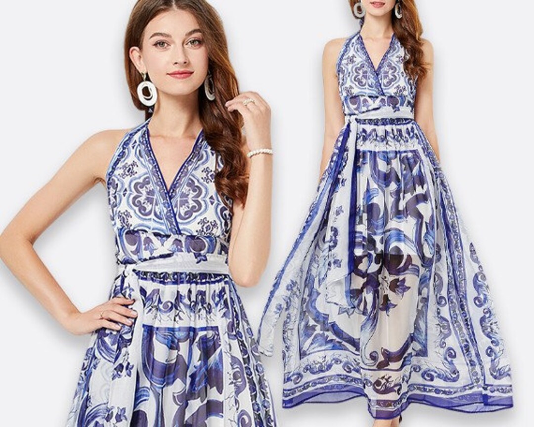 Porcelain Print Dress, Blue White Dress, Italian Dress, Tile Print